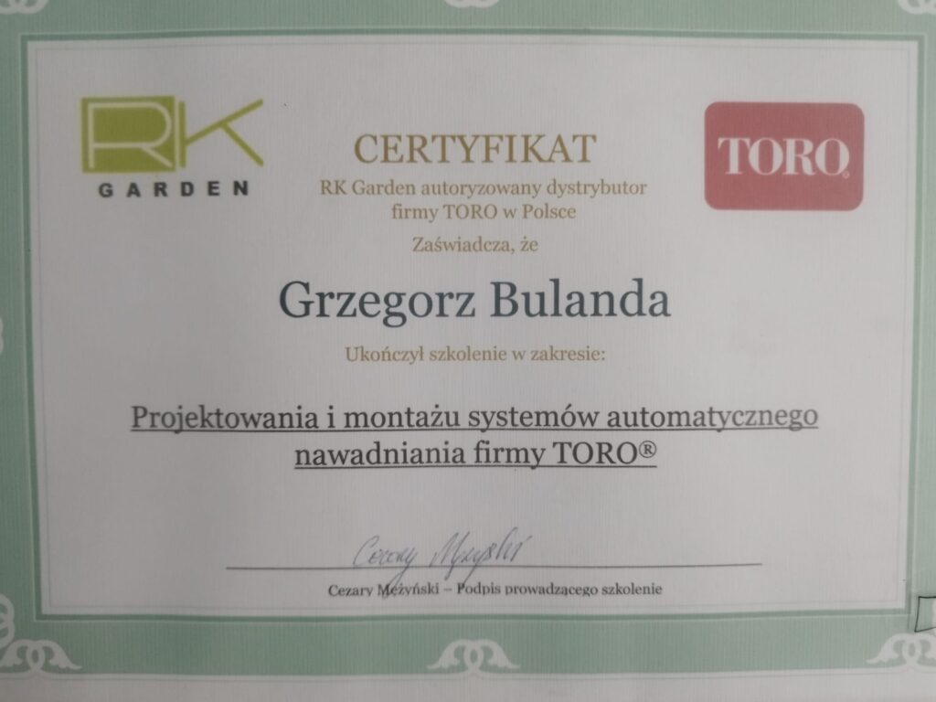 Certyfikat projektowania i montażu systemów nawadniania TORO Pieńsk