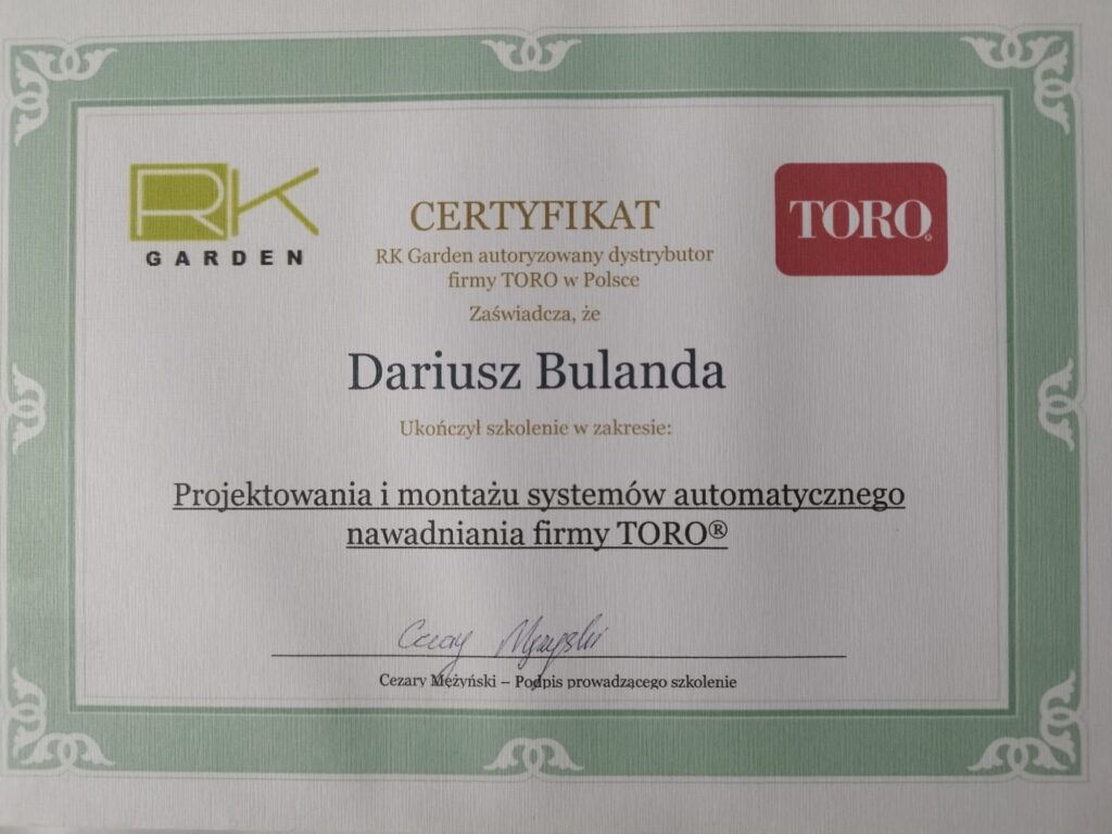 Certyfikat projektowania i montażu systemów nawadniania TORO Pieńsk Dariusz Bulanda