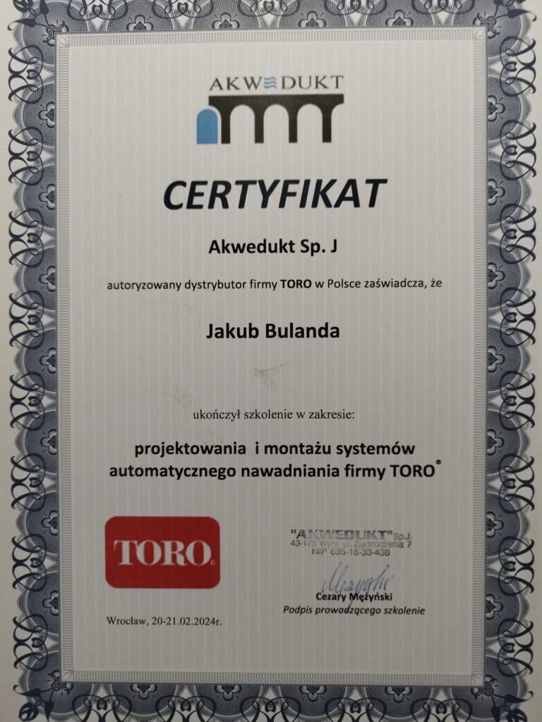 Certyfikat projektowania i montażu systemu automatycznego nawadniania Pieńsk Darkos-Tech