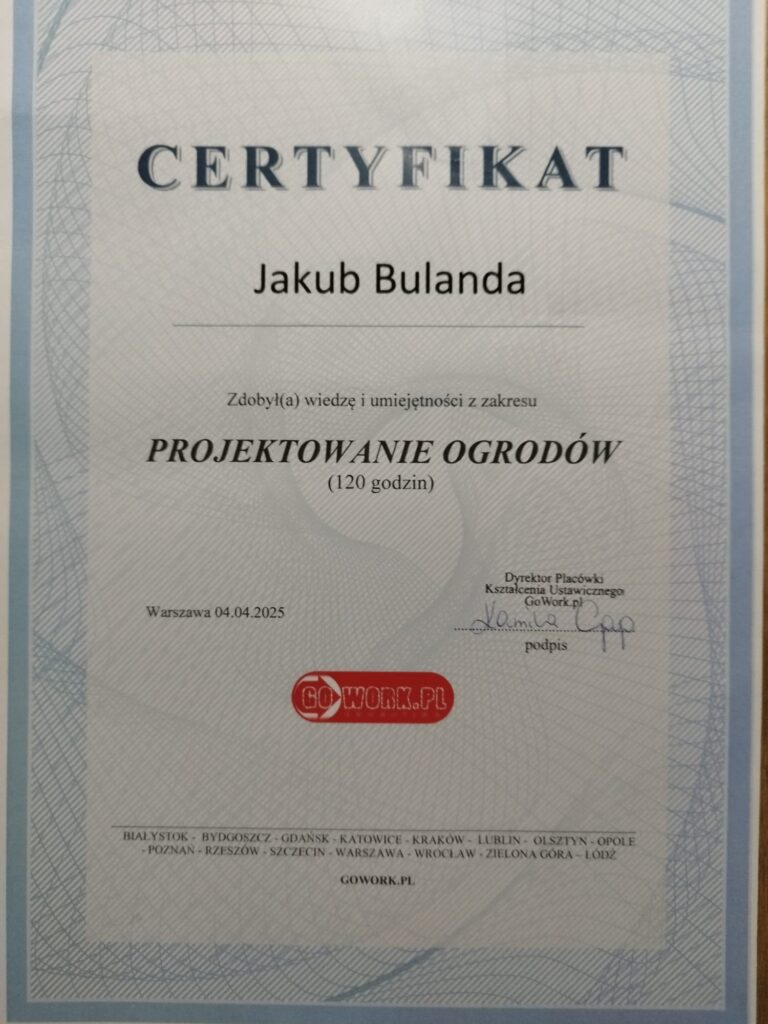 Certyfikat projektowania ogrodów Pieńsk Darkos-Tech